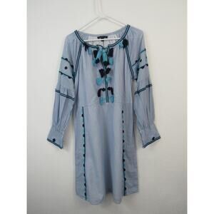 Signature Studio Medium Blue White Striped Long Sleeve Tassel Dress Cotton